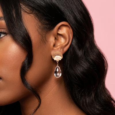 Crystal Clear Shell Drop Earrings - Gold