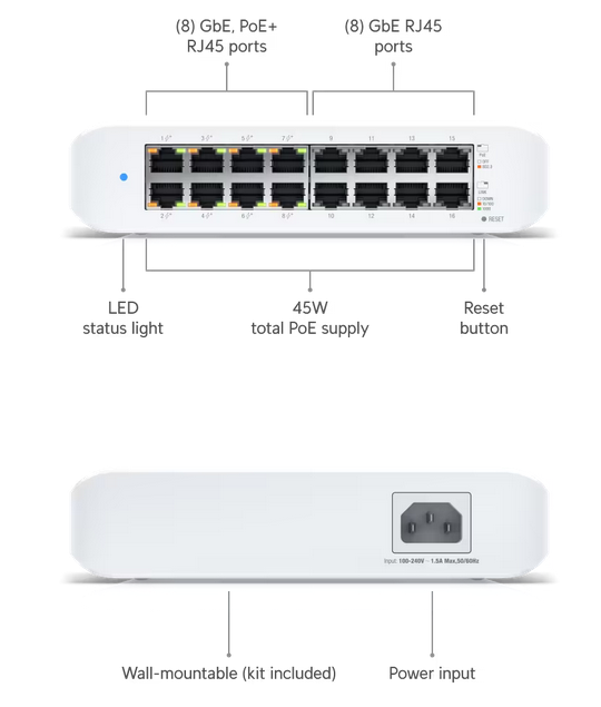 Switch UniFi Lite Administrable PoE de 16 Puertos