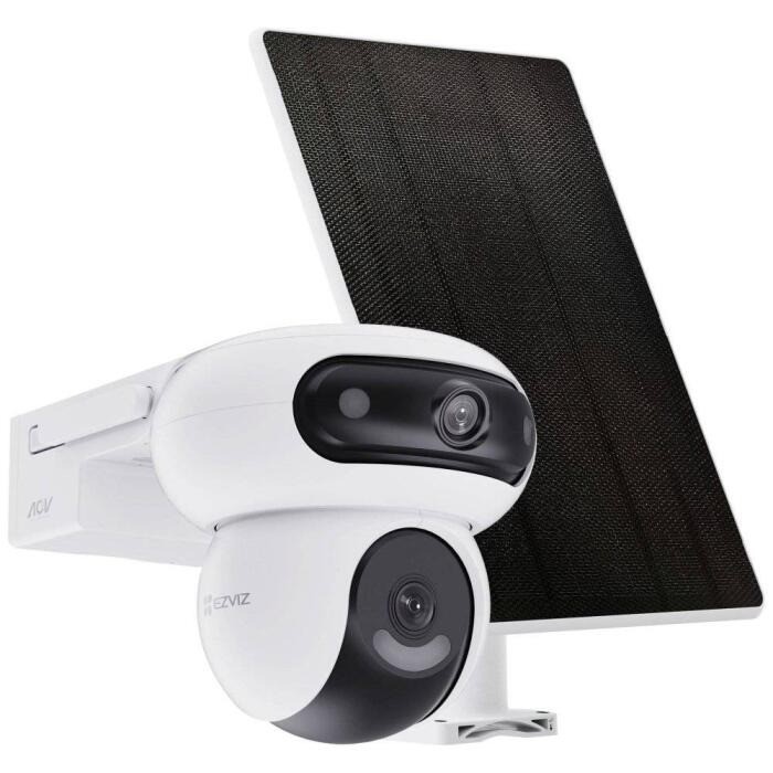 Cámara Wifi, doble lente 2K c/u, con panel solar, Co-detección para seguimiento inteligente automático, Rotaciones duales para una visión ultra flexible, V