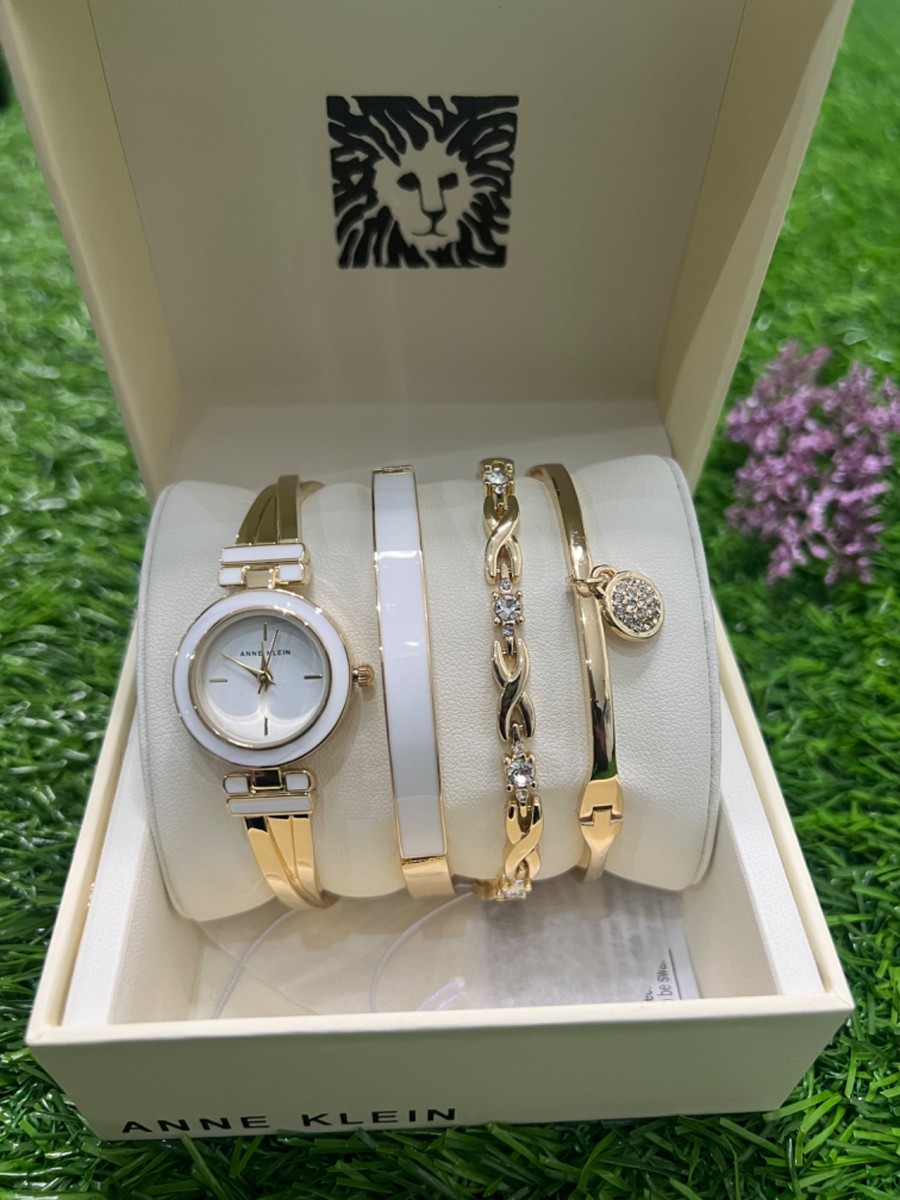 Anne Klein Bangle Watch & Premium Crystal Accented 4PC Bracelet Set - white (AK/SET01)