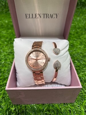 Ellen Tracy 2pc Heart Watch Set: rose gold