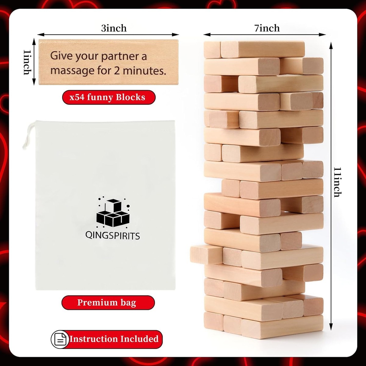 Tumble Tower Game for Couples  - 54pcs Exciting Date Night Stacking Wooden Blocks