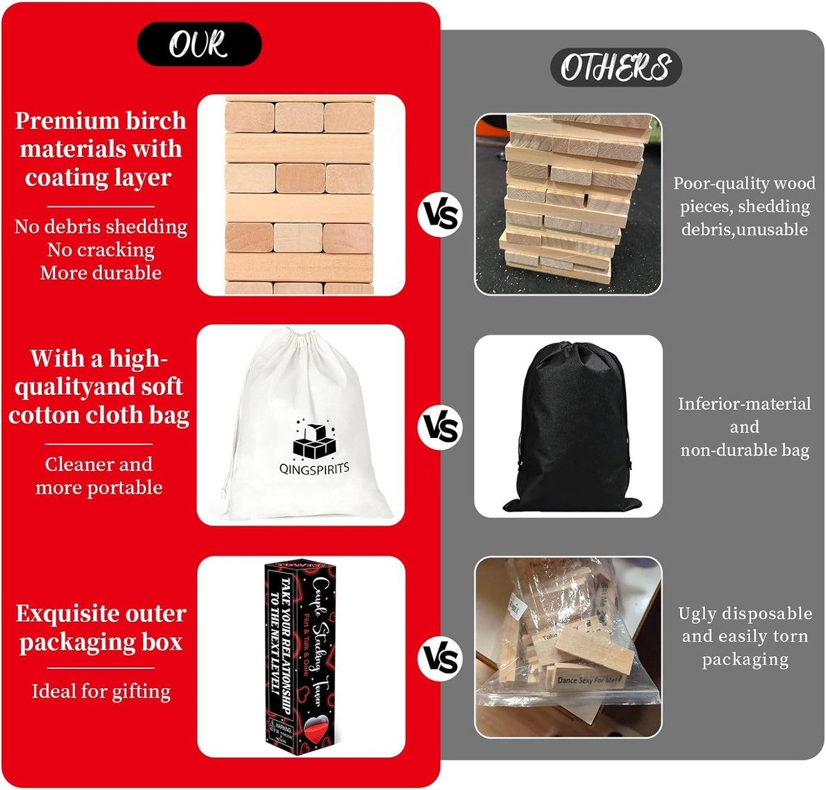 Tumble Tower Game for Couples  - 54pcs Exciting Date Night Stacking Wooden Blocks