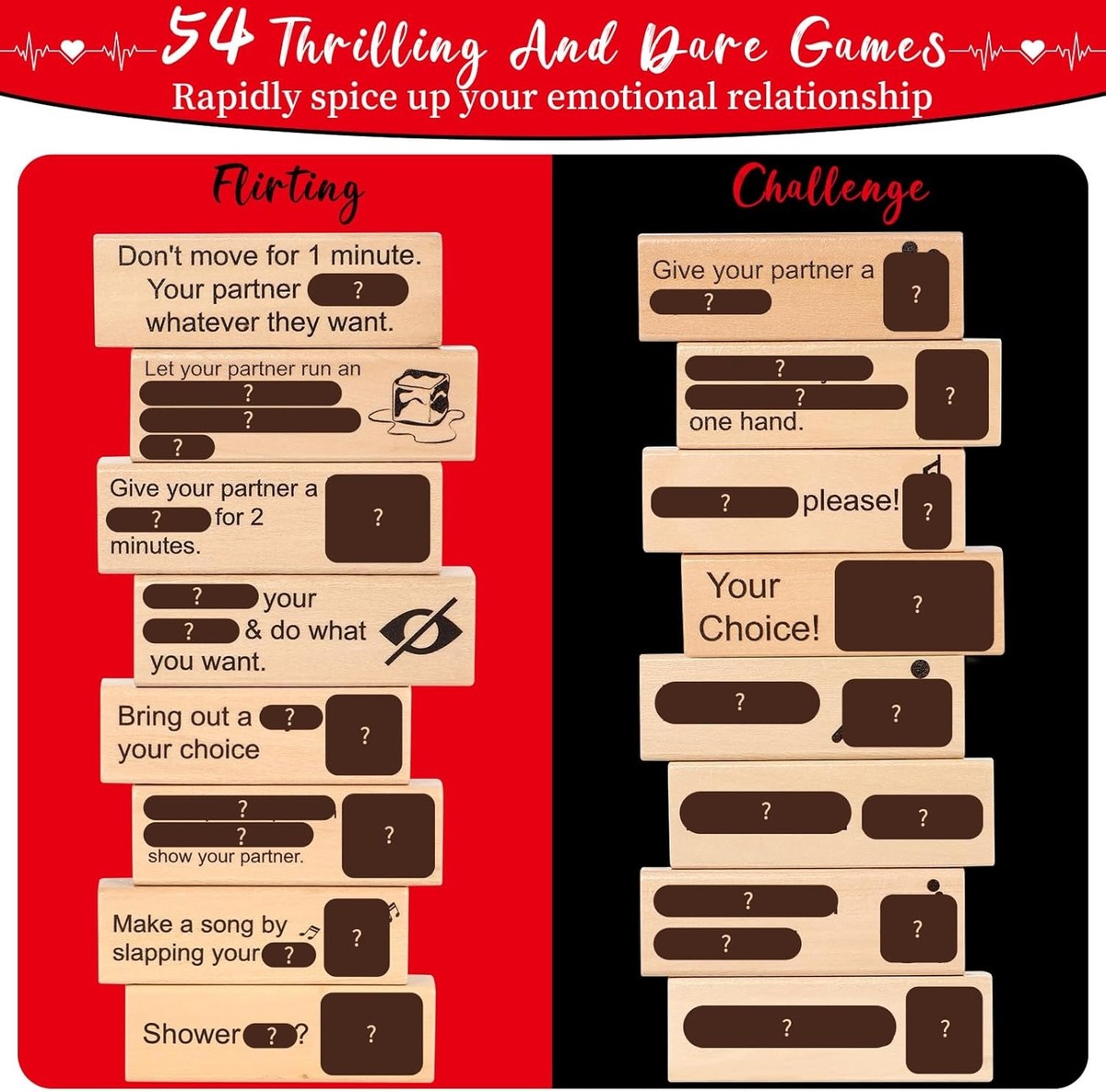 Tumble Tower Game for Couples  - 54pcs Exciting Date Night Stacking Wooden Blocks