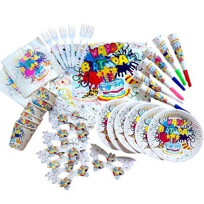 Set de 6 vasos + 6 platos pasteleros+ 6 servilletas toalla + 6 sopladores + 6 antifaz + 6 tenedores +  1 mantel Feliz cumpleaños