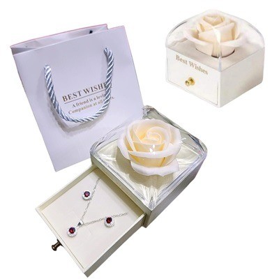 Juego De Plata En Cajita Con Rosa circonia roja