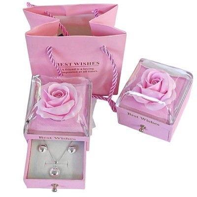 Juego de plata circular en caja con rosa