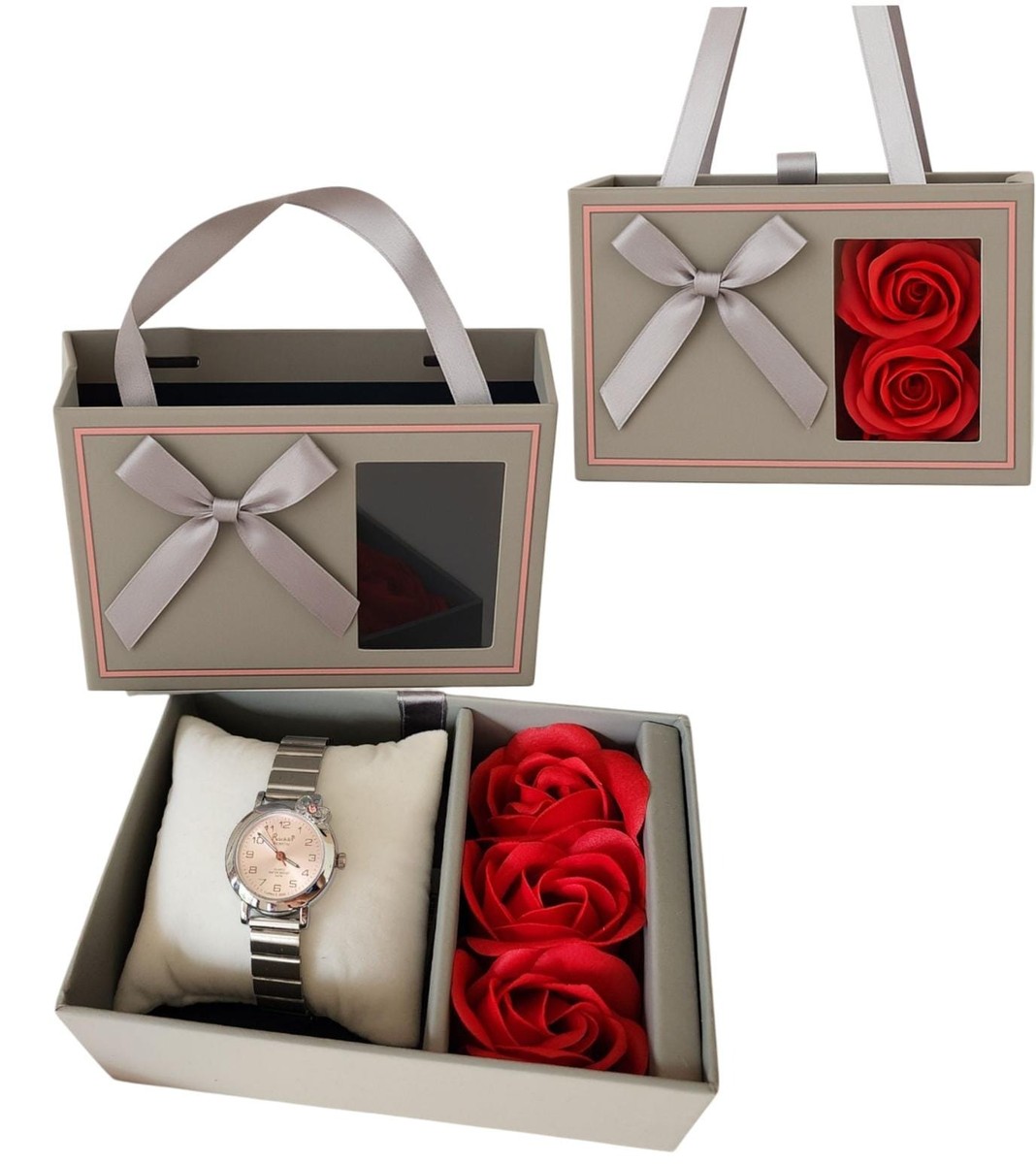 Reloj acerado en caja con rosas