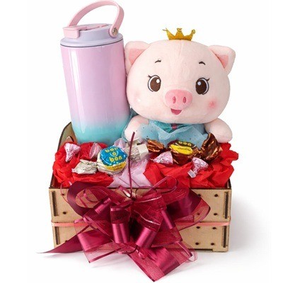 Caja de regalo con termo metálico, peluche de 22cm y chocolates Bon o Bon y Hershey's