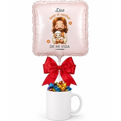 Taza con chocolates variados y globo Taza con chocolates variados y globo Dios tiene el control de mi vida