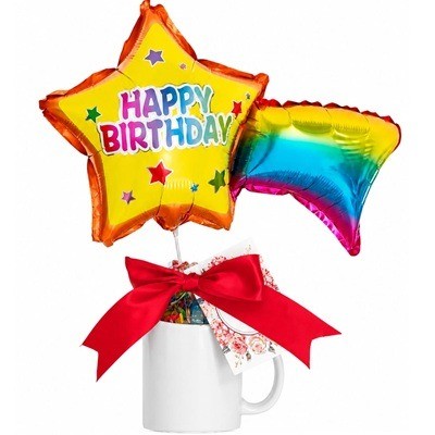 Taza con chocolates variados y globo de estrella fugaz Happy Birthday