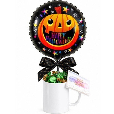 Taza con chocolates variados y globo Happy halloween