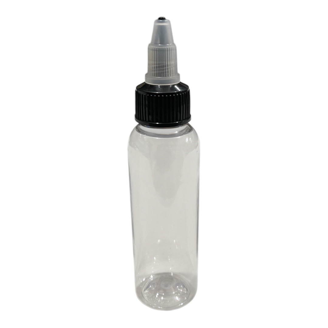 2oz Clear CR Plastic Bottle With/ Black Twist Cap (20-410)