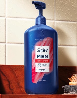 Suave Men Active Sport 2-in-1 Body & Face Wash with Glycerin & Vitamin E
