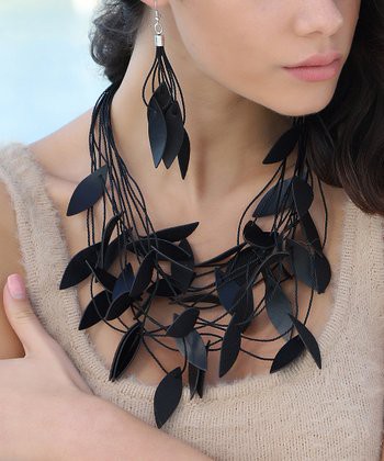 Yushi Black Leather Leaves Layered Necklace 2pc Set