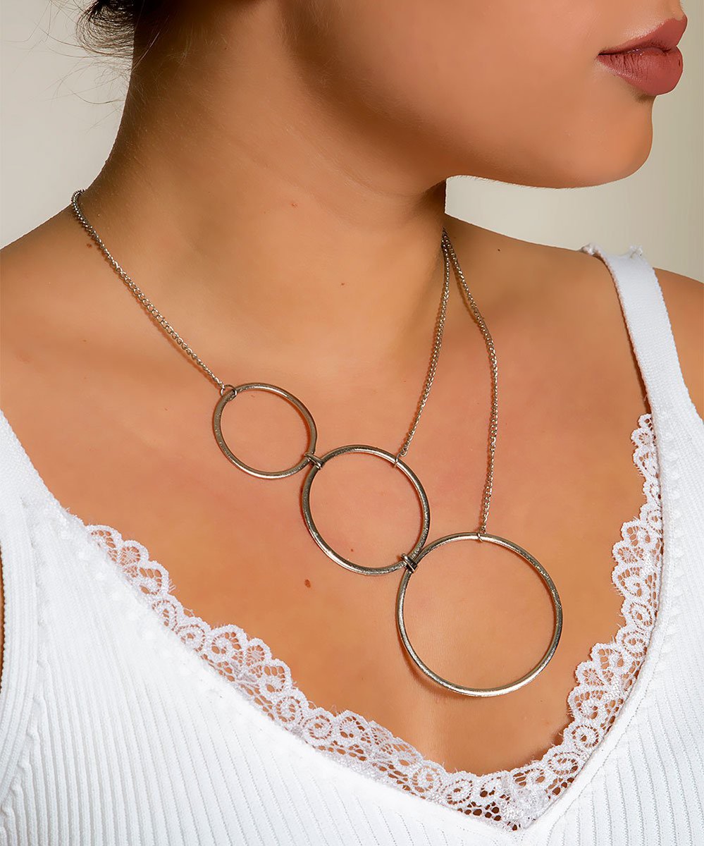 Yushi Silvertone Triple Circle Stmt Necklace