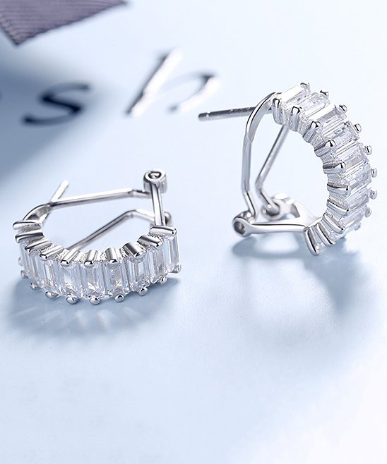 Yeidid Small Sterling Silver Baguette Omega Huggie Earrings with Swarvoski Crystals