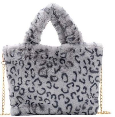 HEMA ZHUOFAN Light Gray Leopard Chain-Strap Faux Fur Tote