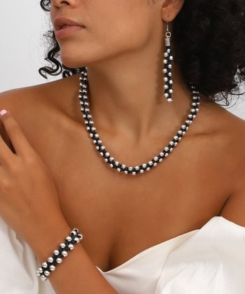 Yushi Black & Silvertone Bead Rope Necklace Set - 3pc