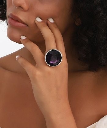 Yushi Purple Crystal & Silvertone Large Round Ring