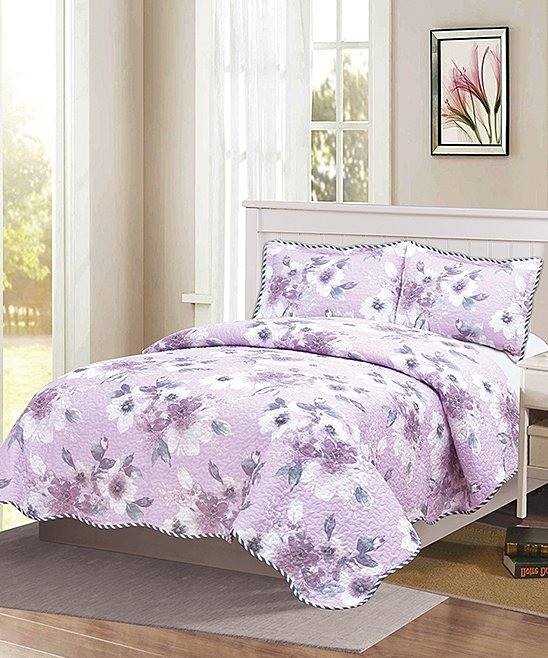 Glory Home Lavender & Silver Floral Lana Reversible Quilt Set - King