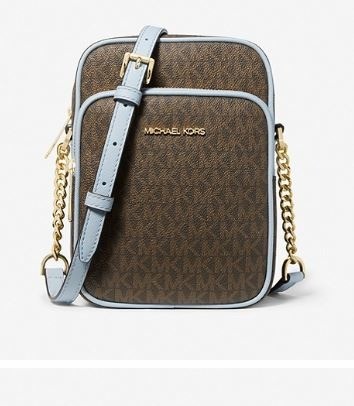 Michael Kors Jet Set ravel Medium Logo Crossbody Bag - Brown & Pale Blue Trim