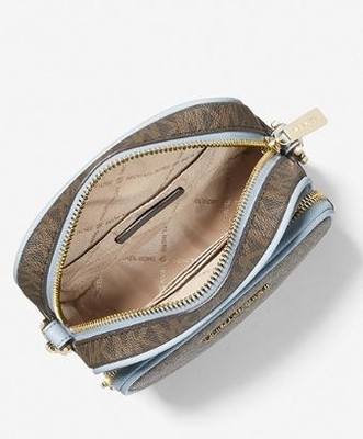 Michael Kors Jet Set ravel Medium Logo Crossbody Bag - Brown & Pale Blue Trim