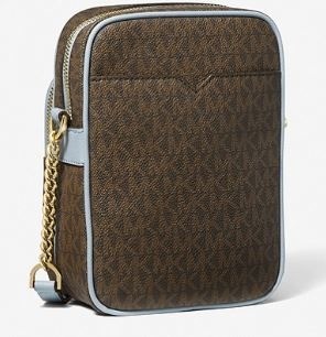 Michael Kors Jet Set ravel Medium Logo Crossbody Bag - Brown & Pale Blue Trim