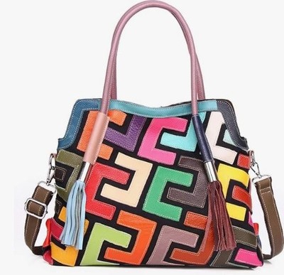 Segater women's Big Boston Leather Patchwork Bag - Multicolor