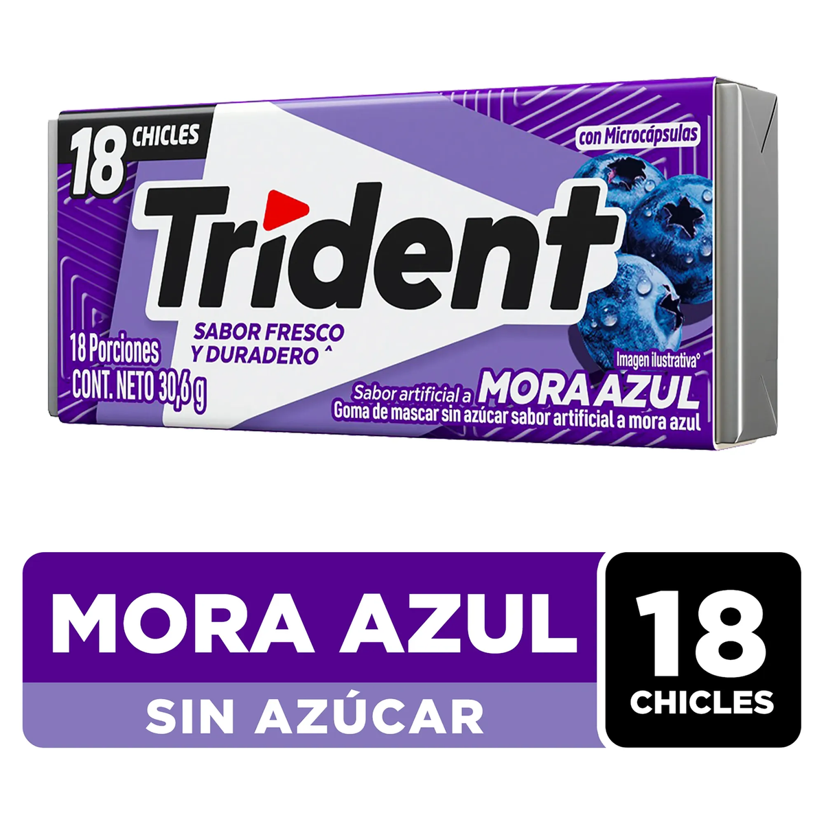 Chicle Trident Sin Azúcar Sabor Mora Azul 18 Uds - 30,6g