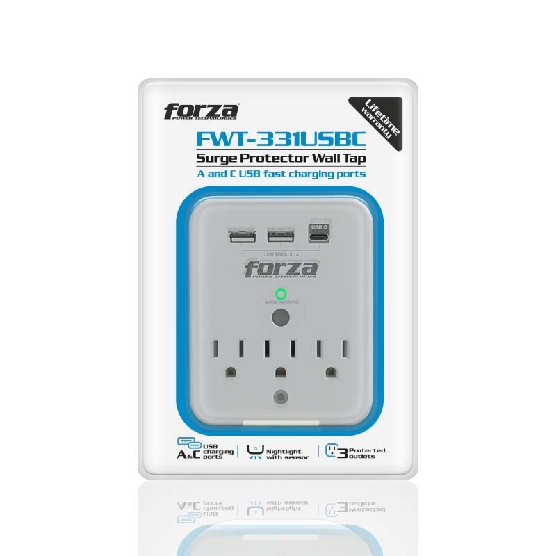 Forza FWT-331USBC - Surge protector (wall mountable) - AC 125 V Forza 1875 Watt output connectors: 3 white