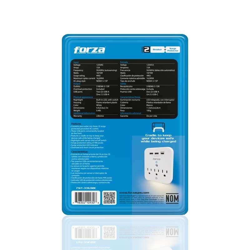 Forza FWT-331USBC - Surge protector (wall mountable) - AC 125 V Forza 1875 Watt output connectors: 3 white