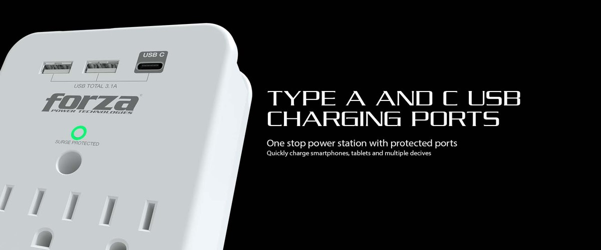 Forza FWT-331USBC - Surge protector (wall mountable) - AC 125 V Forza 1875 Watt output connectors: 3 white