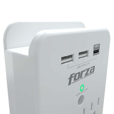 Forza FWT-331USBC - Surge protector (wall mountable) - AC 125 V Forza 1875 Watt output connectors: 3 white