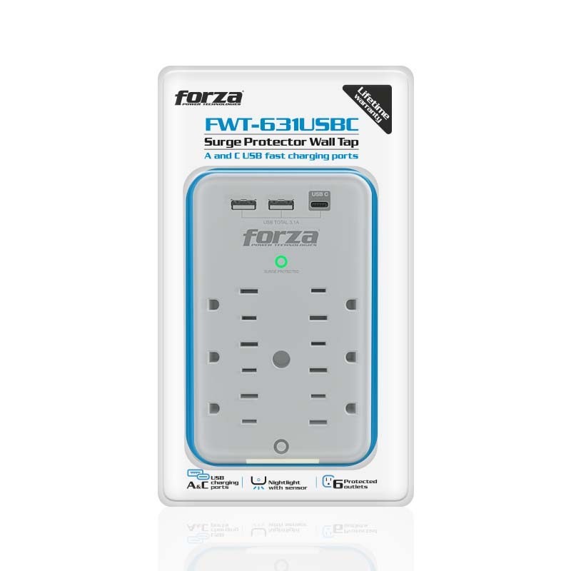 Forza FWT-631USBC - Surge protector (wall mountable) - AC 125 V Forza 1875 Watt output connectors: 6 white
