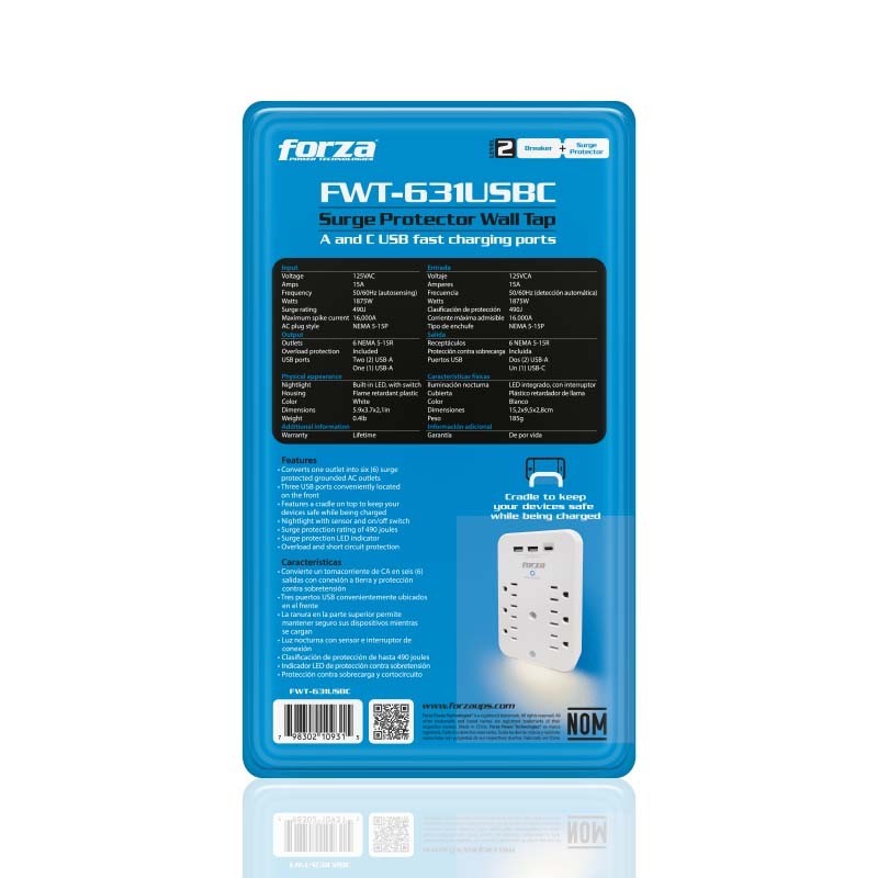 Forza FWT-631USBC - Surge protector (wall mountable) - AC 125 V Forza 1875 Watt output connectors: 6 white