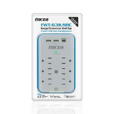 Forza FWT-631USBC - Surge protector (wall mountable) - AC 125 V Forza 1875 Watt output connectors: 6 white
