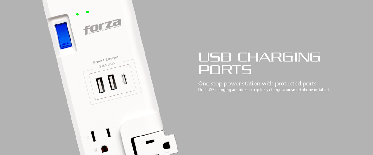 Forza - Surge protector - AC 110/220 V Forza 8 Outlets 3-ROT 2USB-A/1C 6FT