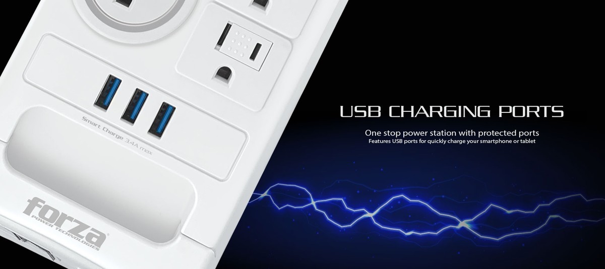Forza - Surge protector - AC 110/220 V Forza 11 Outlets NEMA 3USB 5ft WH