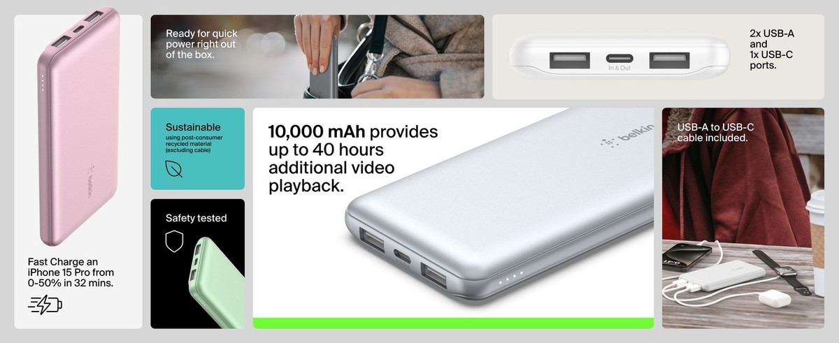 Belkin BoostCharge - Power bank - 10000 mAh Belkin 15 Watt 3 output connectors (24 pin USB-C, 2 x USB) black