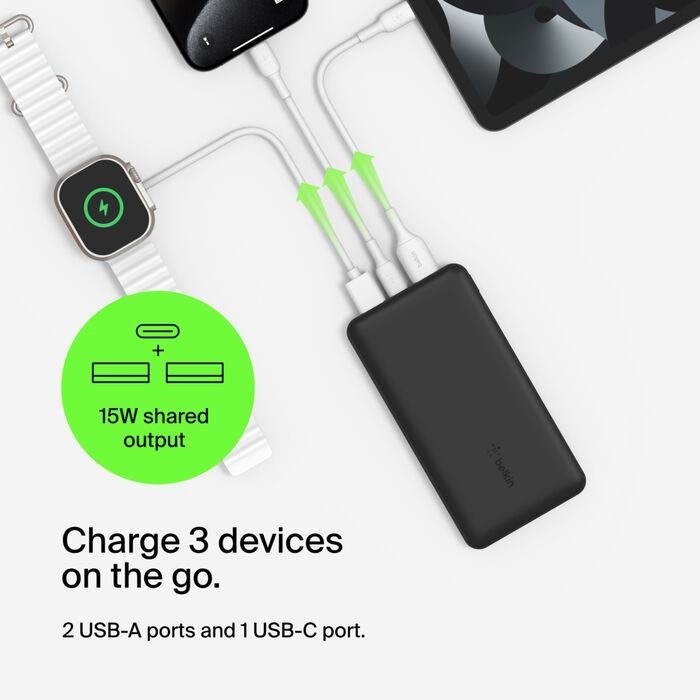 Belkin BoostCharge - Power bank - 10000 mAh Belkin 15 Watt 3 output connectors (24 pin USB-C, 2 x USB) black