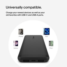 Belkin BoostCharge - Power bank - 10000 mAh Belkin 15 Watt 3 output connectors (24 pin USB-C, 2 x USB) black