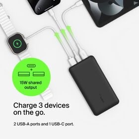 Belkin BoostCharge - Power bank - 20000 mAh Belkin 15 Watt 3 A 3 output connectors (24 pin USB-C, 2 x USB) on cable: USB-C black