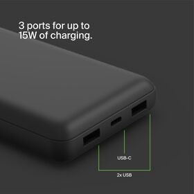Belkin BoostCharge - Power bank - 20000 mAh Belkin 15 Watt 3 A 3 output connectors (24 pin USB-C, 2 x USB) on cable: USB-C black