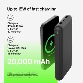Belkin BoostCharge - Power bank - 20000 mAh Belkin 15 Watt 3 A 3 output connectors (24 pin USB-C, 2 x USB) on cable: USB-C black