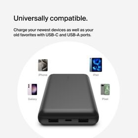 Belkin BoostCharge - Power bank - 20000 mAh Belkin 15 Watt 3 A 3 output connectors (24 pin USB-C, 2 x USB) on cable: USB-C black