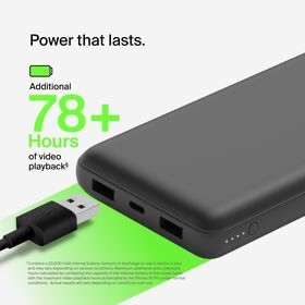 Belkin BoostCharge - Power bank - 20000 mAh Belkin 15 Watt 3 A 3 output connectors (24 pin USB-C, 2 x USB) on cable: USB-C black