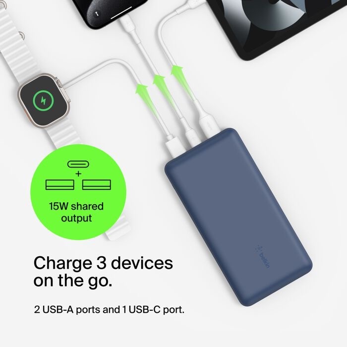 Belkin BoostCharge - Power bank - 20000 mAh Belkin 15 Watt 3 output connectors (USB, 24 pin USB-C) on cable: USB-C blue
