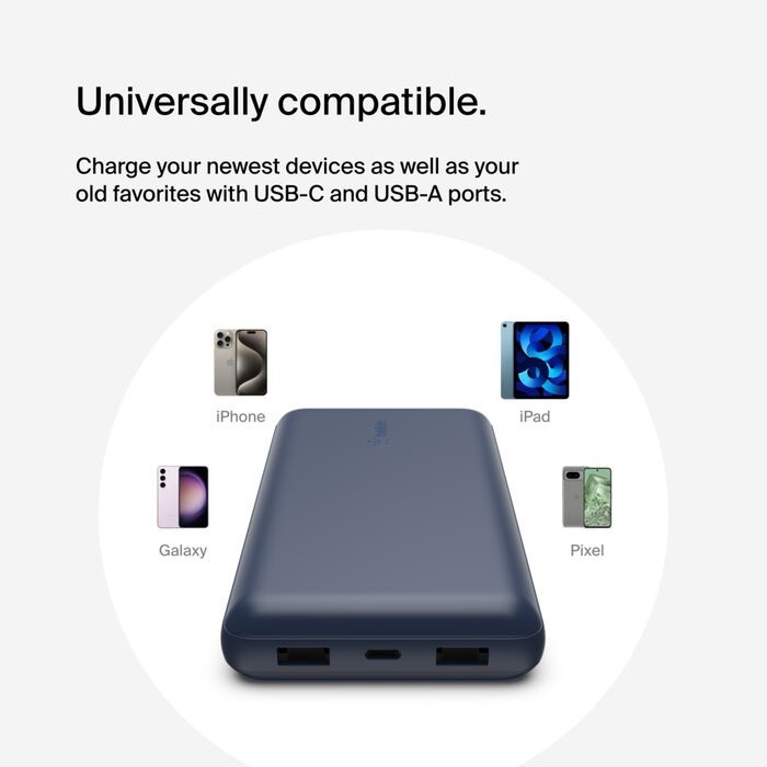 Belkin BoostCharge - Power bank - 20000 mAh Belkin 15 Watt 3 output connectors (USB, 24 pin USB-C) on cable: USB-C blue