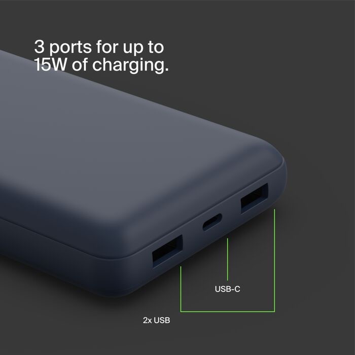 Belkin BoostCharge - Power bank - 20000 mAh Belkin 15 Watt 3 output connectors (USB, 24 pin USB-C) on cable: USB-C blue